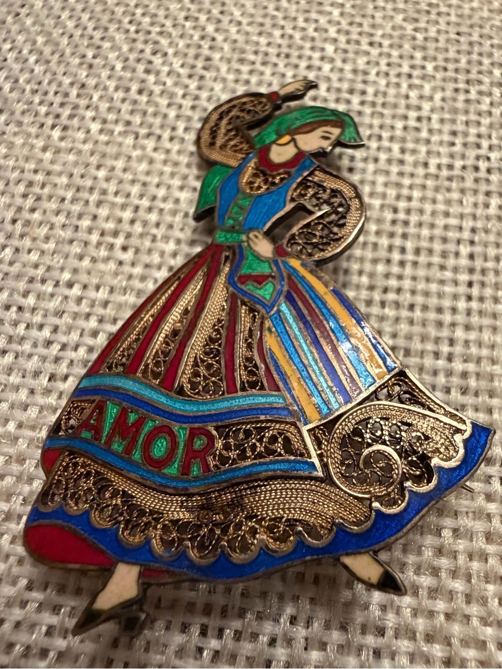 Topazio Portgual 925 stamped brooch traditional dressed dancer brooch Amor writt